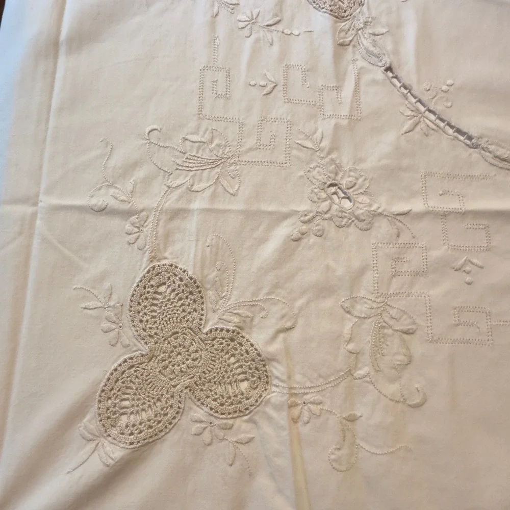 Vintage Tablecloth Embroidered Crochet Lace 60x96 Cream Victorian Cottagecore